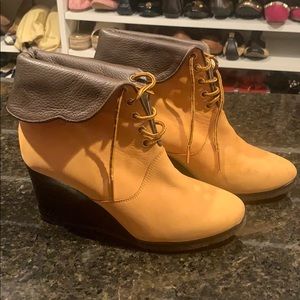 Chloe Leather Lace Up Wedge Booties Tan Brown38.5